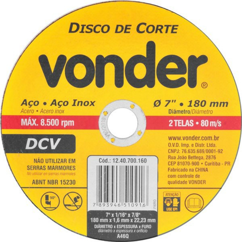 DISCO CORTE 180X1,6X22,23 DCV 1240700160     VONDER